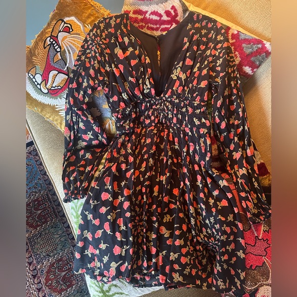 Free People Dresses & Skirts - Free People Black Floral Rose Smocked Waist Mini Dress XS